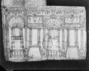 Originele ontwerptekening van het eikenhouten oksaal dat nog altijd in de kerk aanwezig is (1634)